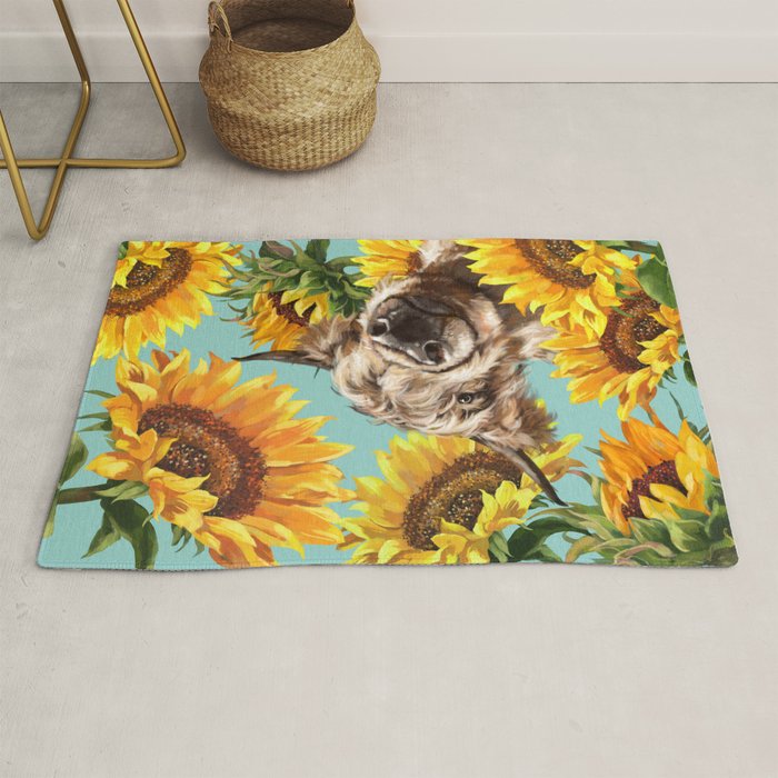 Highland Cow with Sunflowers in Blue Rug Gallery Image 1