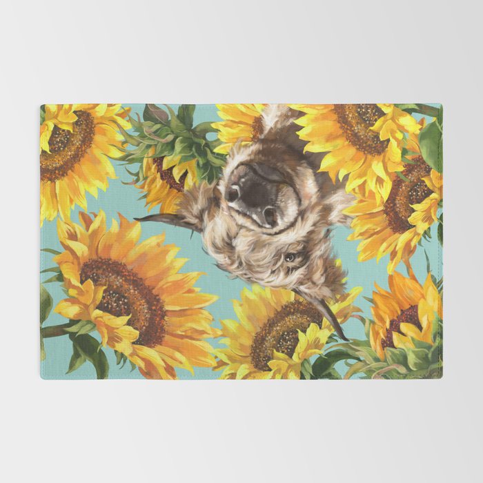 Highland Cow with Sunflowers in Blue Rug Gallery Image 2