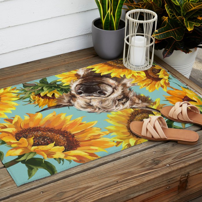 Highland Cow with Sunflowers in Blue Outdoor Rug Gallery Image 2