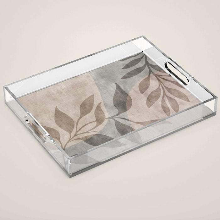 Serene Foliage Earthy Minimalist Botanical Art Peach Beige Grey Acrylic Tray Gallery Image 1
