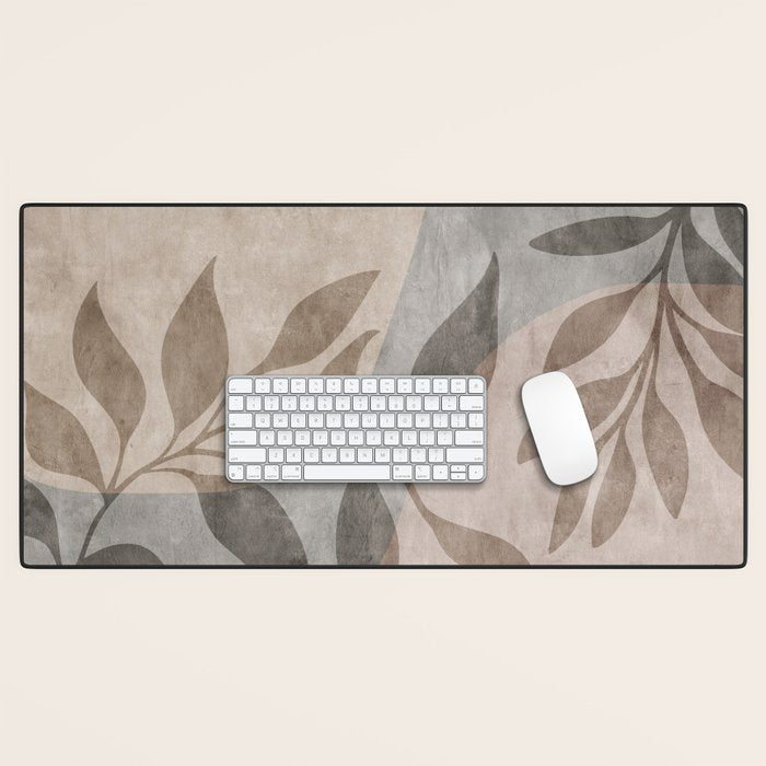 Serene Foliage Earthy Minimalist Botanical Art Peach Beige Grey Desk Mat Gallery Image 1