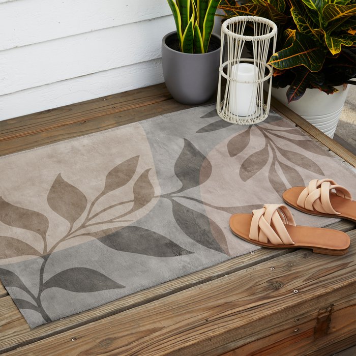 Serene Foliage Earthy Minimalist Botanical Art Peach Beige Grey Outdoor Rug Gallery Image 2