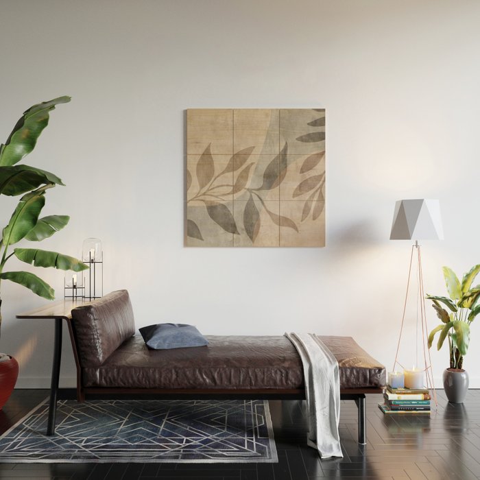 Serene Foliage Earthy Minimalist Botanical Art Peach Beige Grey Wood Wall Art Gallery Image 2
