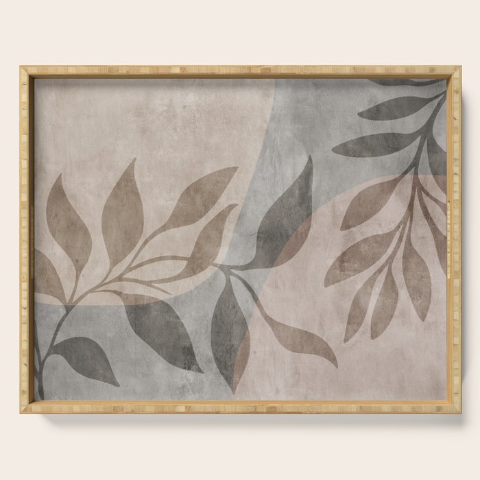 Serene Foliage Earthy Minimalist Botanical Art Peach Beige Grey Serving Tray Gallery Image 1