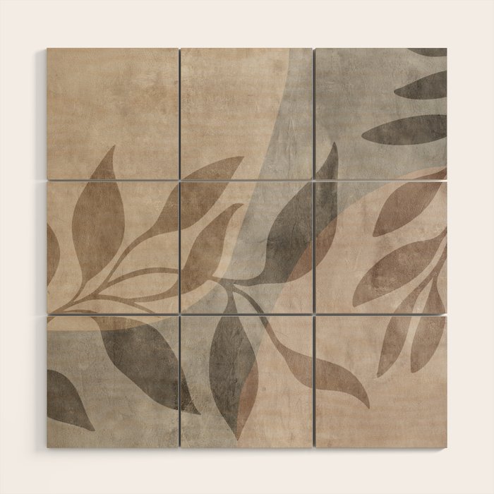 Serene Foliage Earthy Minimalist Botanical Art Peach Beige Grey Wood Wall Art Gallery Image 1