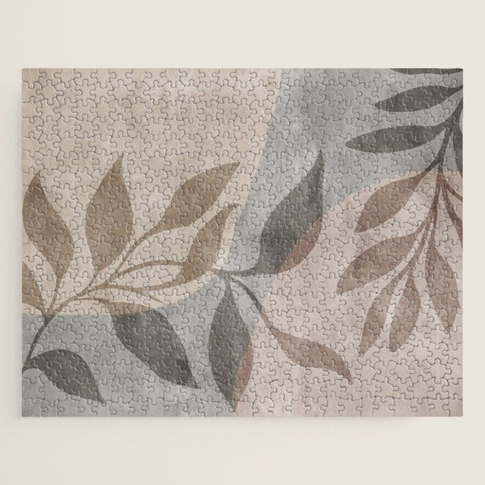 Serene Foliage Earthy Minimalist Botanical Art Peach Beige Grey Jigsaw Puzzle Gallery Image 1