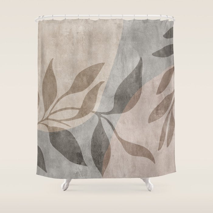Serene Foliage Earthy Minimalist Botanical Art Peach Beige Grey Shower Curtain Gallery Image 1