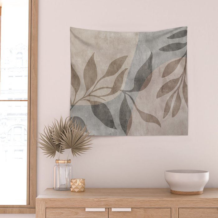 Serene Foliage Earthy Minimalist Botanical Art Peach Beige Grey Wall Tapestry Gallery Image 2