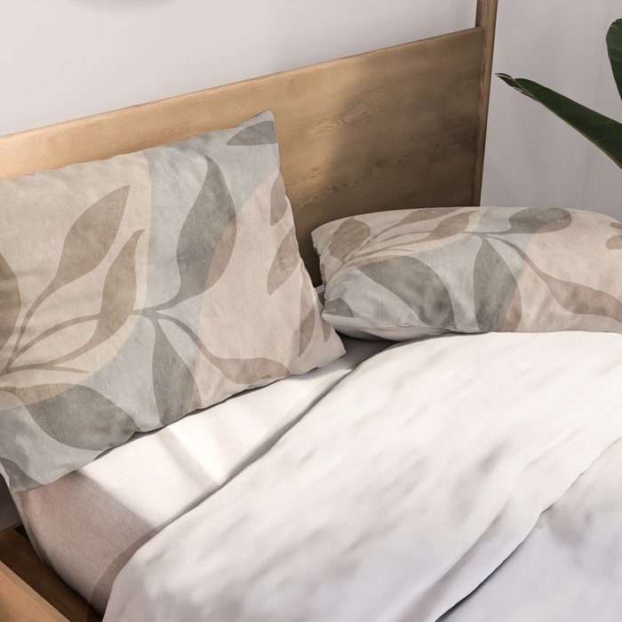 Serene Foliage Earthy Minimalist Botanical Art Peach Beige Grey Pillow Sham Gallery Image 2