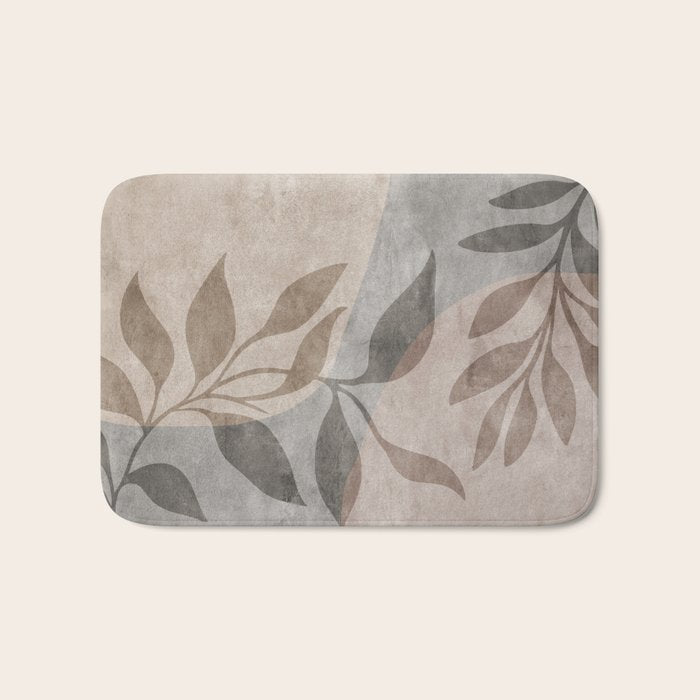 Serene Foliage Earthy Minimalist Botanical Art Peach Beige Grey Bath Mat Gallery Image 1