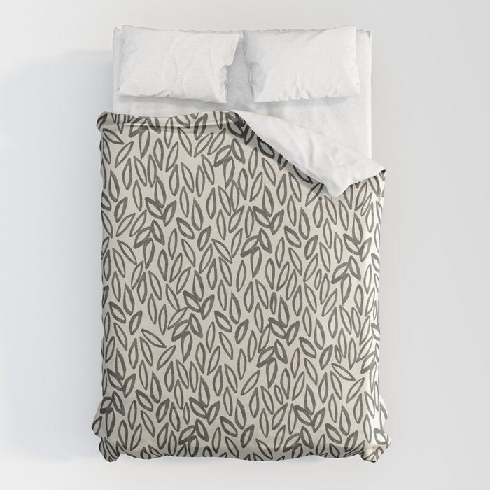 Organic Leaves Abstract Pattern in Charcoal Gray and Cream Duvet Cover Gallery Image 1