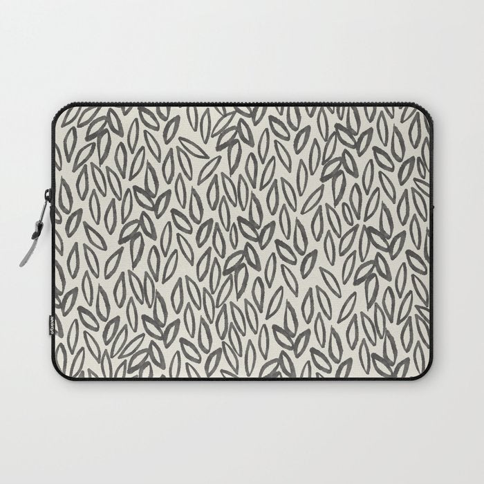 Organic Leaves Abstract Pattern in Charcoal Gray and Cream Laptop Sleeve Gallery Image 1