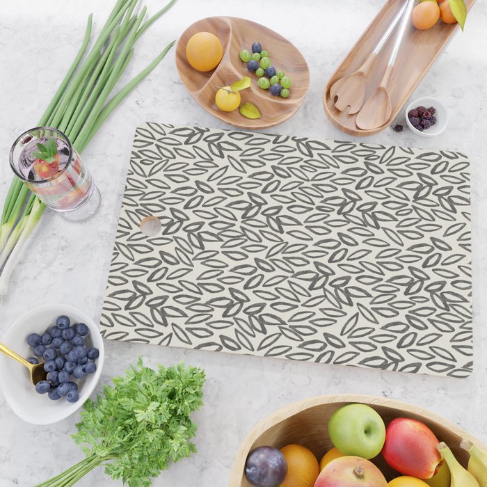 Organic Leaves Abstract Pattern in Charcoal Gray and Cream Cutting Board Gallery Image 2
