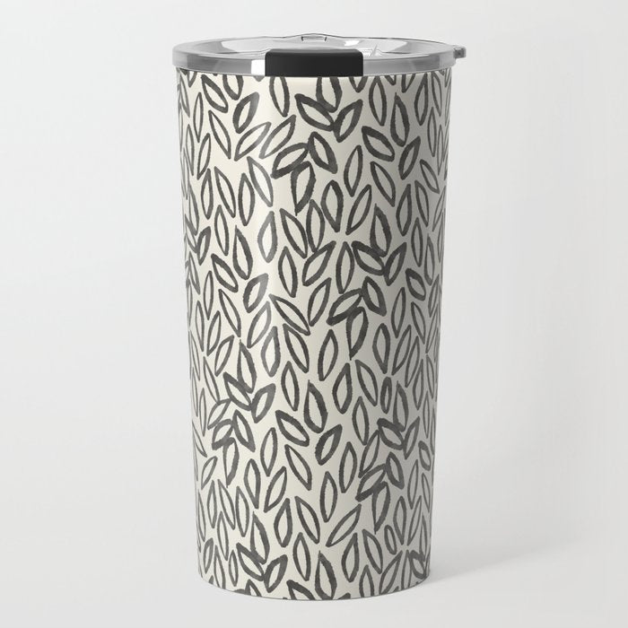 Organic Leaves Abstract Pattern in Charcoal Gray and Cream Travel Mug Gallery Image 1