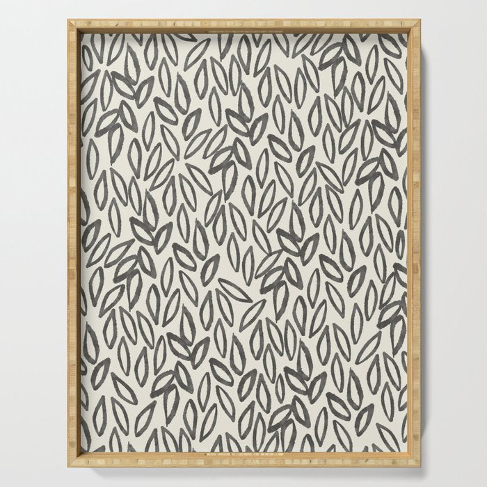 Organic Leaves Abstract Pattern in Charcoal Gray and Cream Serving Tray Gallery Image 1