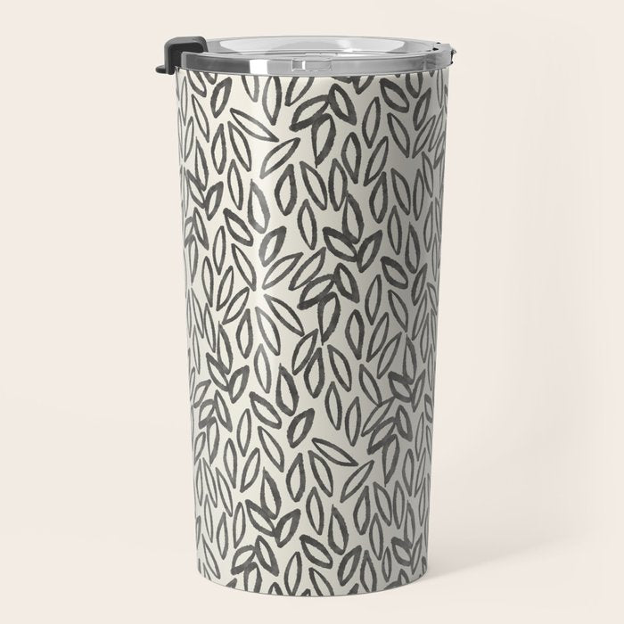 Organic Leaves Abstract Pattern in Charcoal Gray and Cream Travel Mug Gallery Image 3