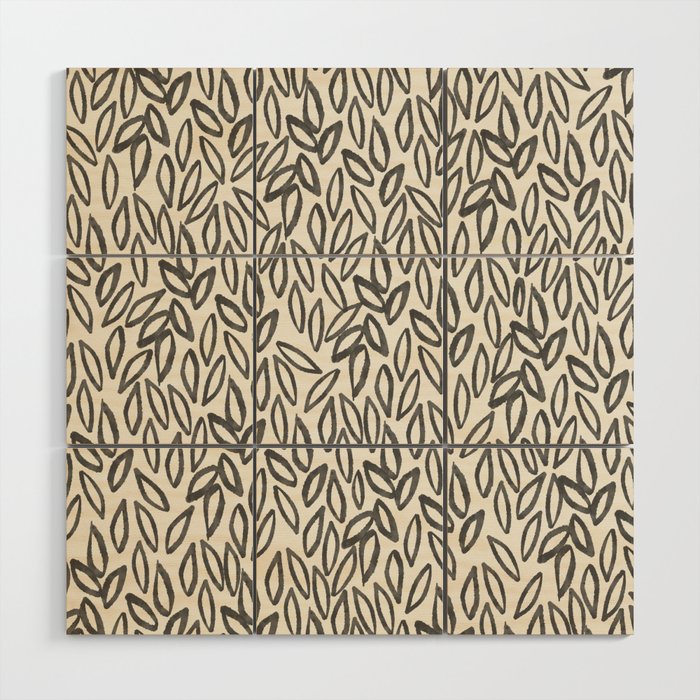 Organic Leaves Abstract Pattern in Charcoal Gray and Cream Wood Wall Art Gallery Image 1