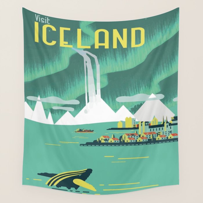 Vintage Mid Century Modern Iceland Scandinavian Travel Poster Ocean Whale Winter Village Wall Tapestry Gallery Image 1