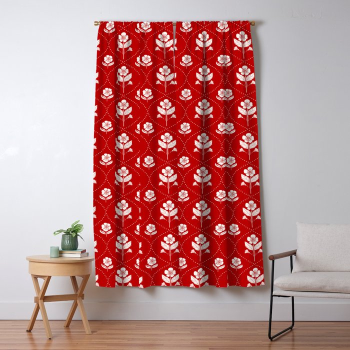 Hand-Drawn Nostalgic Floral Design in Bold Red Window Curtain Gallery Image 1