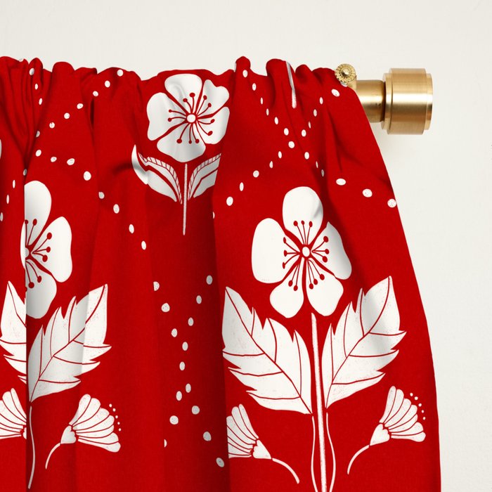 Hand-Drawn Nostalgic Floral Design in Bold Red Window Curtain Gallery Image 2
