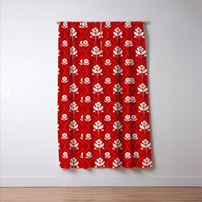 Hand-Drawn Nostalgic Floral Design in Bold Red Window Curtain Gallery Image 3