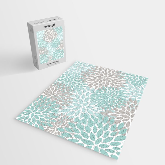 Floral Pattern, Teal, Aqua, Turquoise,Gray Jigsaw Puzzle Gallery Image 2