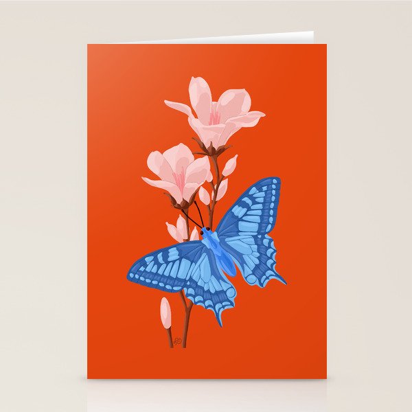 Blue Butterfly and Blooms on a Red Canvas Stationery Card Gallery Image 1