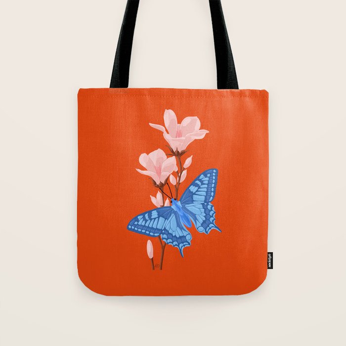 Blue Butterfly and Blooms on a Red Canvas Tote Bag Gallery Image 1