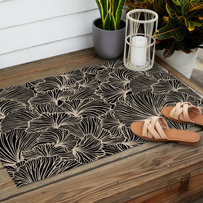 Decorative Leaf Pattern, Floral Prints, Cream and Black Outdoor Rug Gallery Image 2