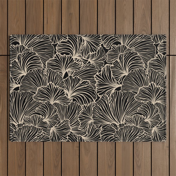 Decorative Leaf Pattern, Floral Prints, Cream and Black Outdoor Rug Gallery Image 1