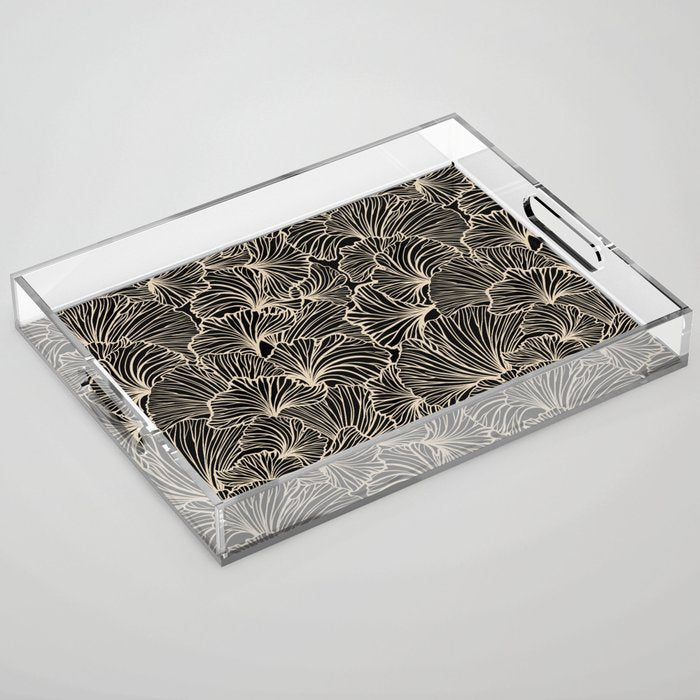 Decorative Leaf Pattern, Floral Prints, Cream and Black Acrylic Tray Gallery Image 1