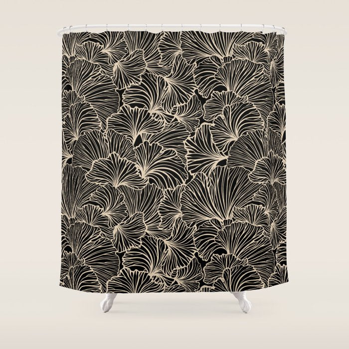 Decorative Leaf Pattern, Floral Prints, Cream and Black Shower Curtain Gallery Image 1