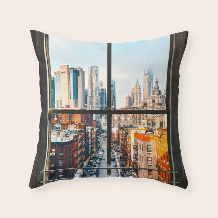 New York City Window | Colorful Street and Skyline | NYC Throw Pillow Gallery Image 1
