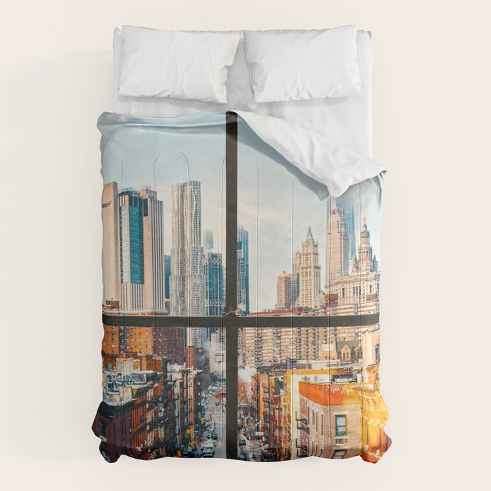 New York City Window | Colorful Street and Skyline | NYC Comforter Gallery Image 1