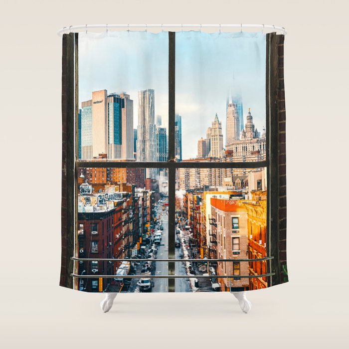 New York City Window | Colorful Street and Skyline | NYC Shower Curtain Gallery Image 1