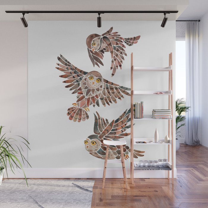 Owls in Flight - Brown Palette Wall Mural Gallery Image 1