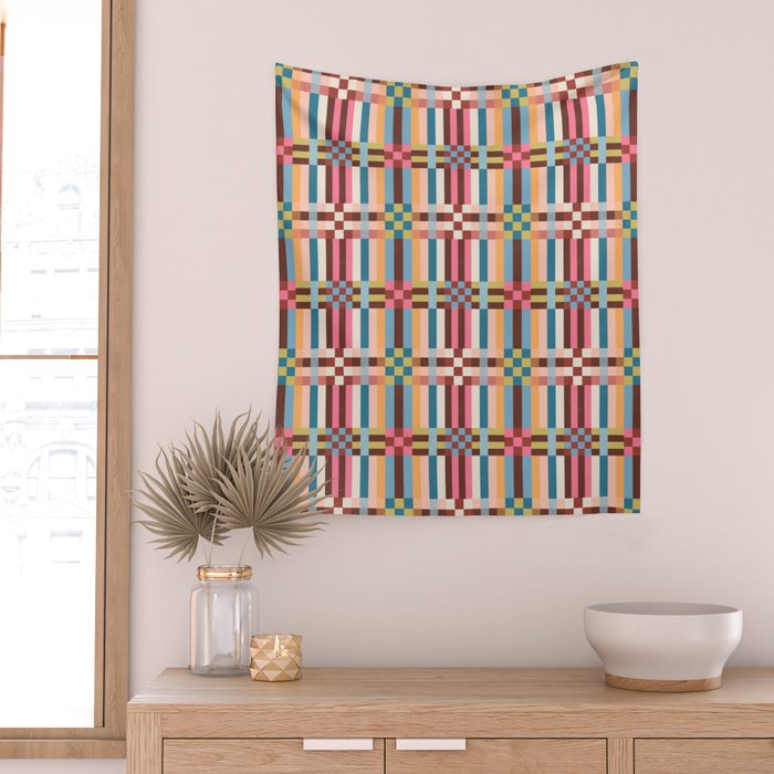 Woven Checks and Stripes Multicolored Wall Tapestry Gallery Image 2