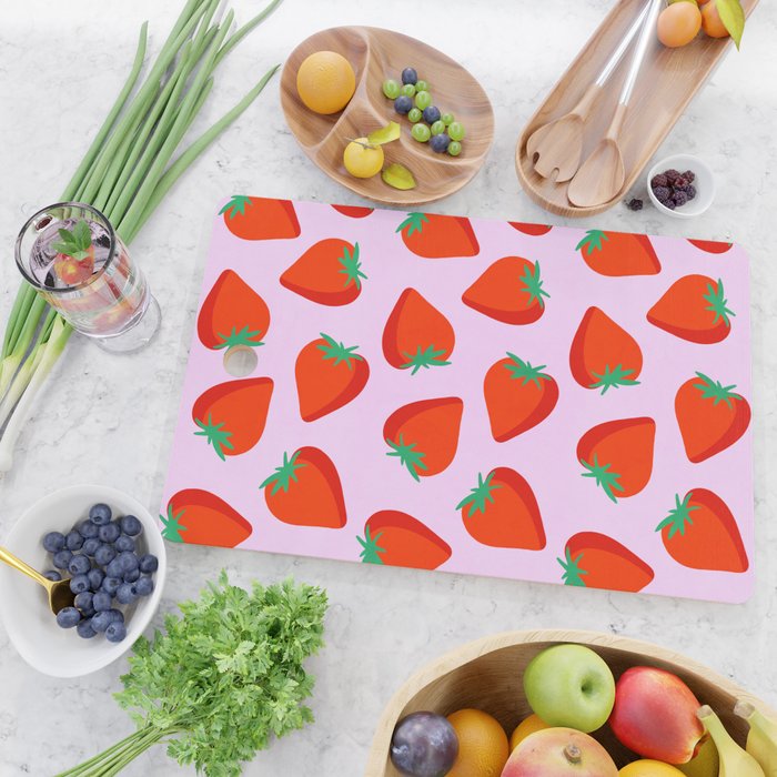 Bold and Vibrant Minimal Strawberry Pattern Pink Red Cutting Board Gallery Image 2