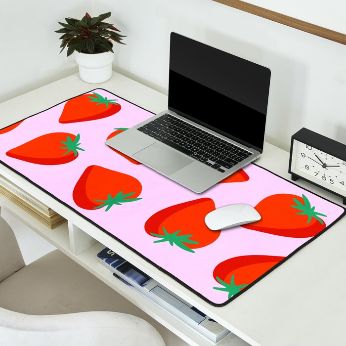 Bold and Vibrant Minimal Strawberry Pattern Pink Red Desk Mat Gallery Image 2