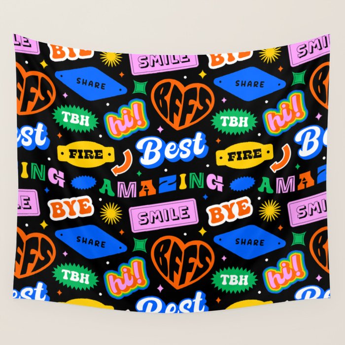 Fun retro quote sticker pattern Wall Tapestry Gallery Image 4