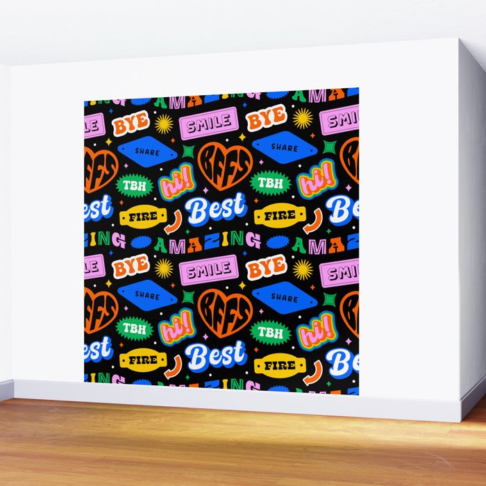 Fun retro quote sticker pattern Wall Mural Gallery Image 2