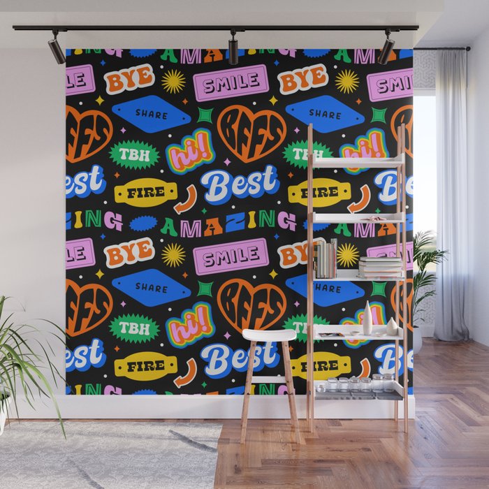 Fun retro quote sticker pattern Wall Mural Gallery Image 1