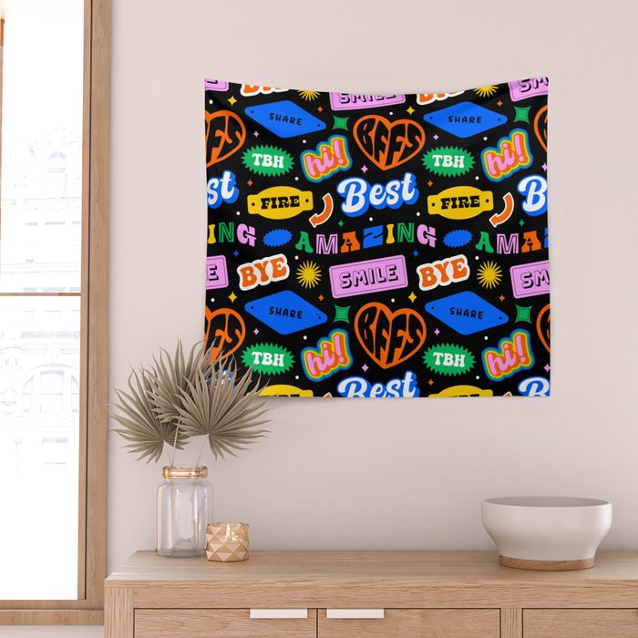 Fun retro quote sticker pattern Wall Tapestry Gallery Image 2