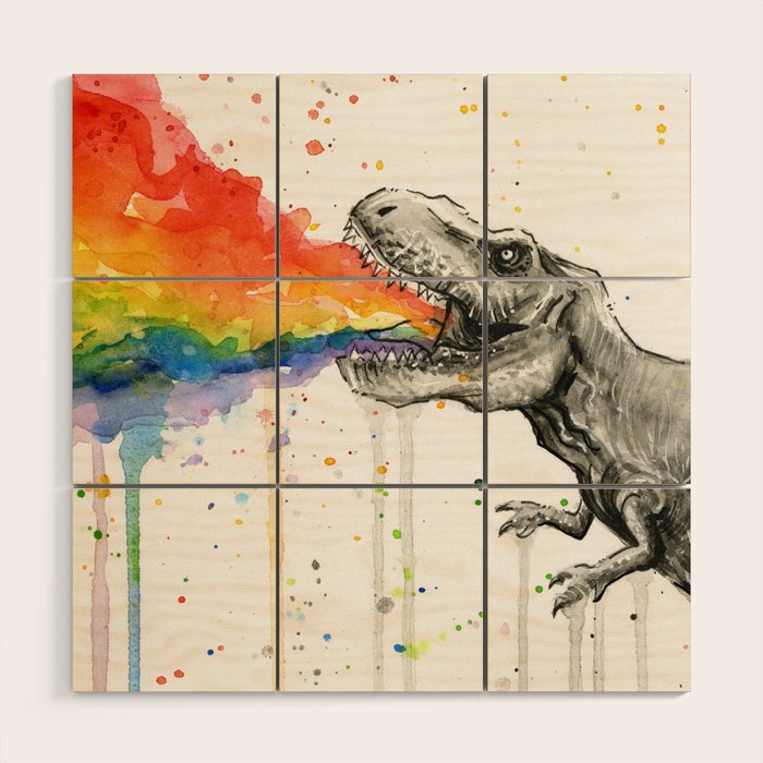 T-Rex Rainbow Puke Wood Wall Art Gallery Image 1