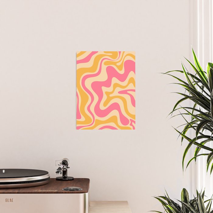 Retro Liquid Swirl Abstract Pattern Pink and Mustard Poster Gallery Image 2