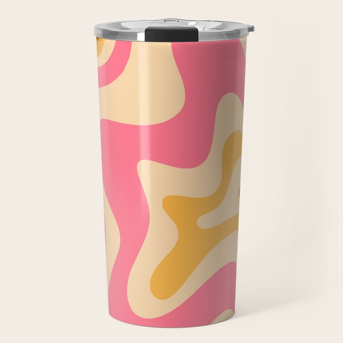 Retro Liquid Swirl Abstract Pattern Pink and Mustard Travel Mug Gallery Image 1