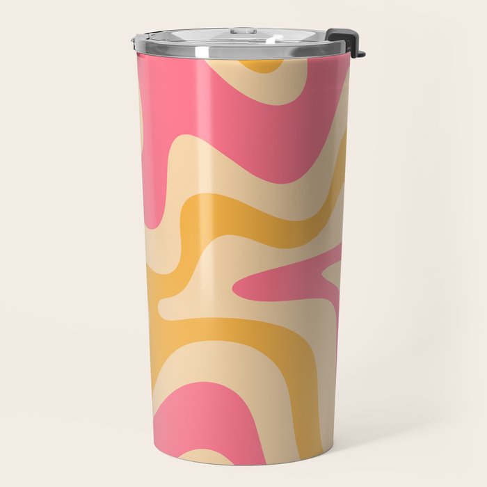 Retro Liquid Swirl Abstract Pattern Pink and Mustard Travel Mug Gallery Image 2