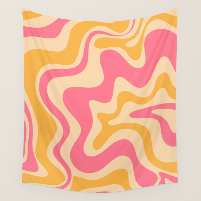 Retro Liquid Swirl Abstract Pattern Pink and Mustard Wall Tapestry Gallery Image 4