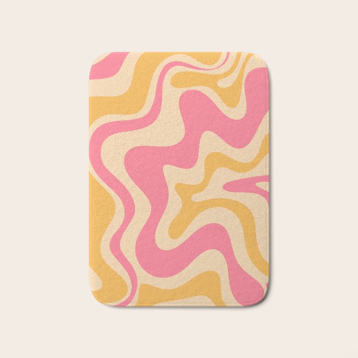 Retro Liquid Swirl Abstract Pattern Pink and Mustard Bath Mat Gallery Image 1