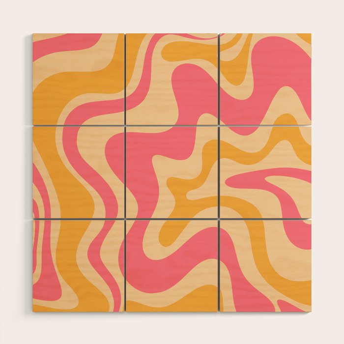 Retro Liquid Swirl Abstract Pattern Pink and Mustard Wood Wall Art Gallery Image 1